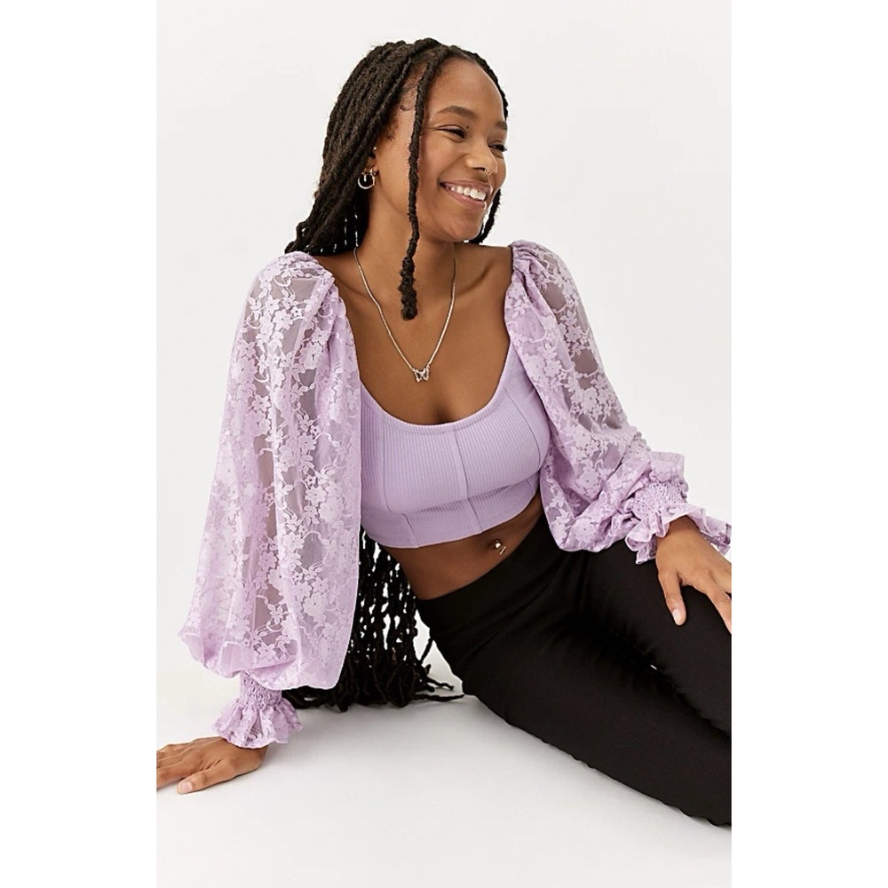 UO Y2K Coquette Purple Lace Floral Babydoll Top Fairycore Romantic Womens Size M